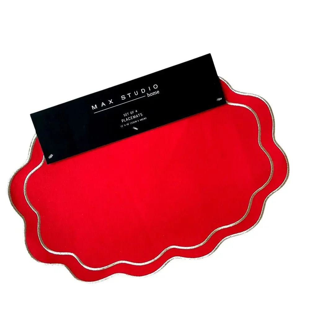 Max Studio Embroidered Cotton Placemats 13x19 Red & Gold Scalloped Set of 4 NEW